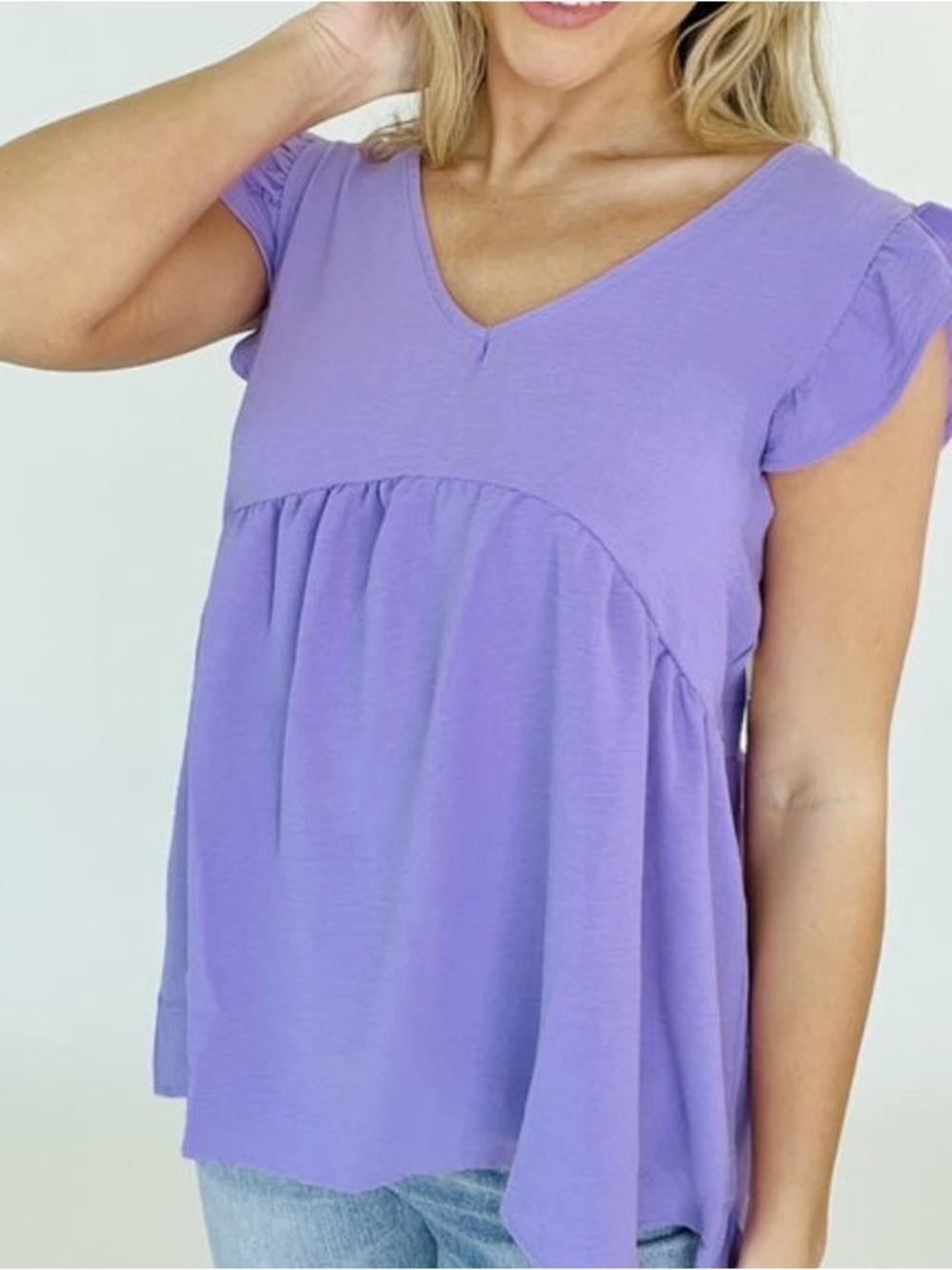 Women's Lavender Back-Tie Babydoll Top with Flutter Sleeves